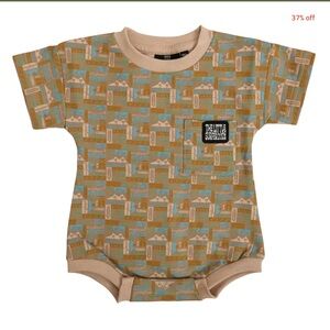 The Little Superdudes Tan & Blue Graphic One-Piece Bodysuit